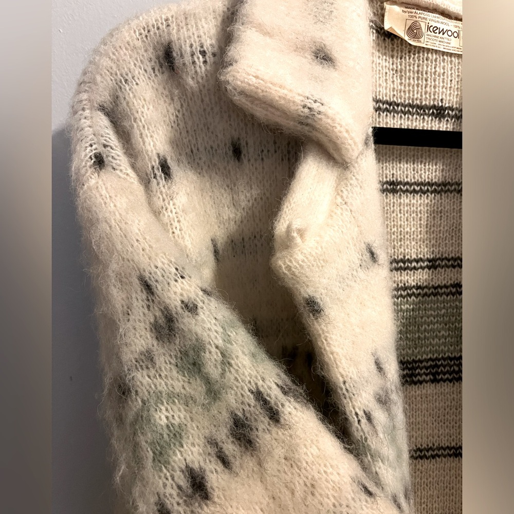 ALAFOSS ICEWOOL Ivory & Brown Virgin Wool Full-Zip Belted Sweater Coat-  Sz S - Picture 8 of 14